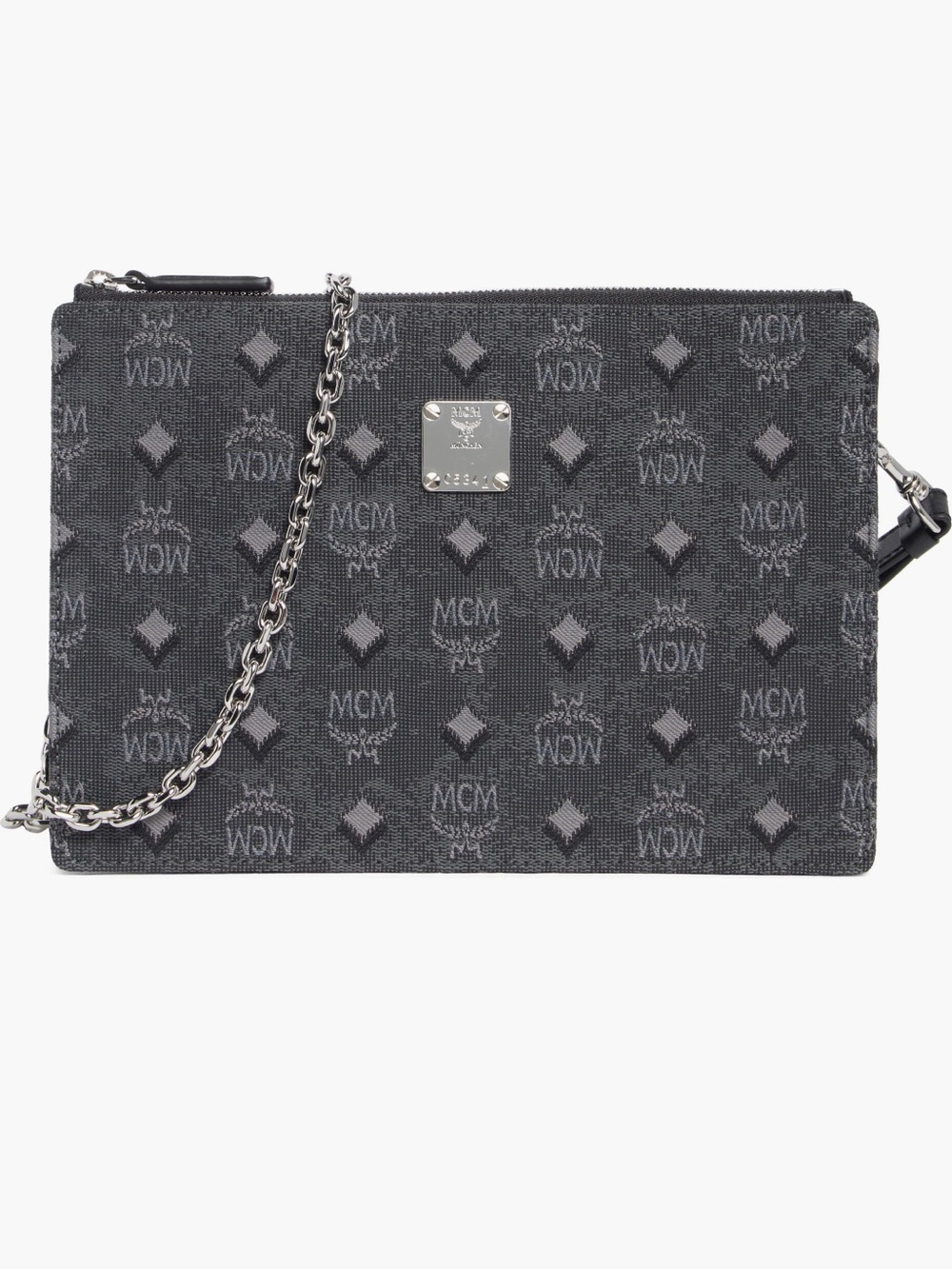 MCM Black and Gray Monogram Crossbody Wallet on a Chain/Wristlet